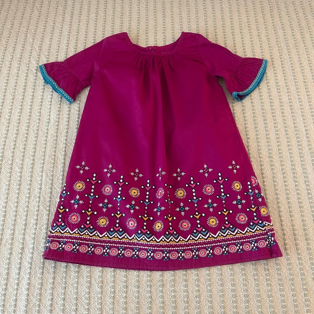 OshKosh Magenta Dress w/ Turquoise Trim and Multicolor Border - Embroidered 4T